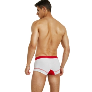 Rear view of men's low waist white knit boxers with red Greek Key pattern and elastic waistband
