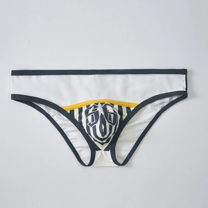 Detail of men's briefs featuring white mesh fabric, vertical stripes, and number 56 print