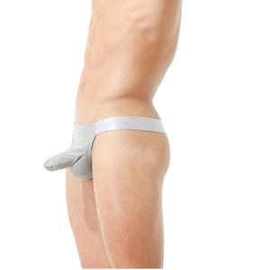 Detailed side view of men's thong underwear with long pouch in light gray