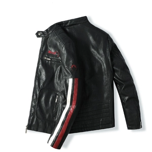 Mens Racing PU Leather Jacket Color Block Stand Collar Motorcycle Faux Leather Coat Zipper Pockets Stripes Streetwear