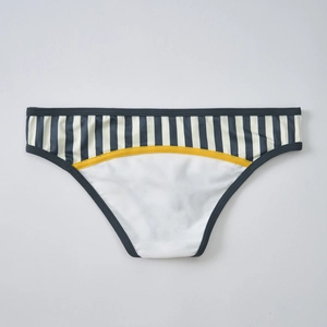 Detailed view of men's bikini briefs with blue stripes and white mesh fabric