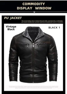 Detailed view of vintage black PU leather jacket with warm fleece lining and sturdy zipper