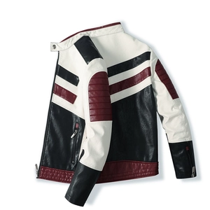 Blouson motard homme en similicuir tricolore avec col montant et détails matelassés