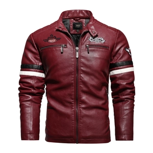 Veste de Moto en Cuir PU pour Homme Style Racing Rétro Broderie Rayures Contrastées Col Montant Zippé Manteau Biker