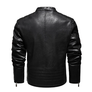 Men's black racing motorcycle PU jacket featuring back quilting and zipper cuffs