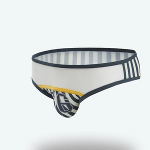 Close-up of men's low-rise briefs featuring white mesh fabric and striped 3D pouch design