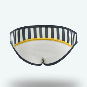 Detailed view of men's low-rise briefs featuring striped waist and white mesh fabric