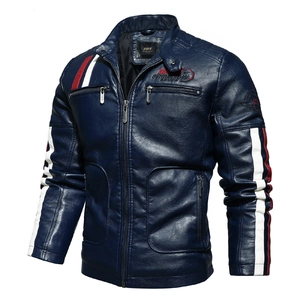 Men's racing motor PU leather jacket in navy blue with red and white contrast stripes