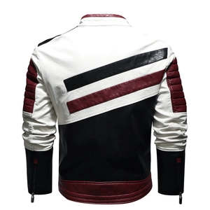 Veste motard tricolore en cuir PU pour homme avec col montant et épaules matelassées
