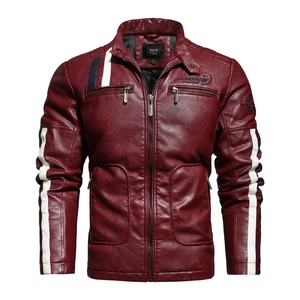 Men's burgundy racing PU leather jacket with contrast stripes and biker stand collar