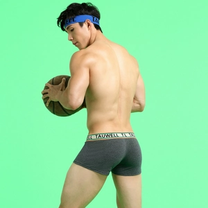 Detail of grey men's low-rise athletic boxers with elastic waistband and brand logo