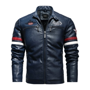 Veste de moto homme en similicuir bleu marine avec rayures rouges et blanches et patchs