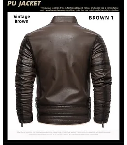 Detailed back view of a vintage brown PU leather jacket with ribbed cuffs and metal buckle