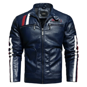 Navy blue faux leather racing jacket with contrast stripes and standing collar for men