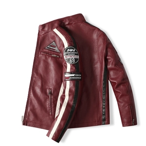 Men's burgundy PU leather racing jacket with contrast stripes and motorcycle patches