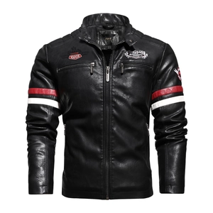 Veste de moto pour homme en cuir PU noir avec écussons brodés et rayures de course