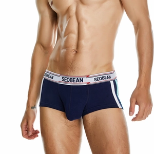 Detailansicht der dunkelblauen Herren-Boxershorts mit gestreiftem Marken-Gummibund