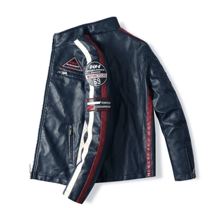 Men's navy blue racing faux leather jacket with embroidered patches and contrast stripes