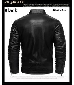 Detail of black PU leather motorcycle jacket featuring textured back and zip cuffs