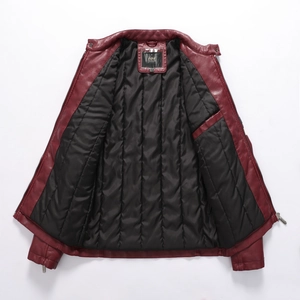 Veste de moto homme en similicuir bordeaux avec doublure matelassée et col montant