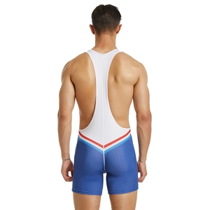 Vue arrière du débardeur de lutte pour homme avec dos nageur et coutures contrastées bleu