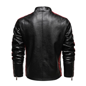 Men's PU leather motorcycle jacket in black and red with a sleek racing stripe design
