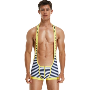 Close-up of men's striped bodysuit featuring yellow zipper and high-stretch fabric details