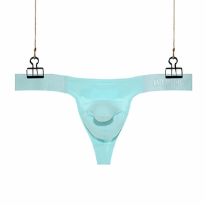 Light blue men's low-rise thong with breathable pouch design on a white background