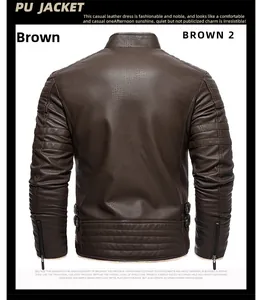 Detail of brown PU leather jacket back with ribbed sleeves and metal side buckles
