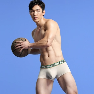 Detail of men's low-waist boxer briefs with striped elastic waistband and tauwell logo print