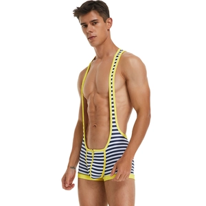 Detail of blue and white striped men's bodysuit with yellow trim and center front zipper