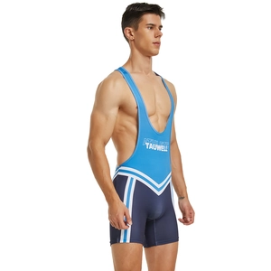Vue détaillée du body de sport pour hommes avec blocs de couleur bleue et bande en V