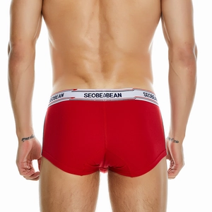 Rückansicht roter Herren-Boxershorts mit Marken-Gummibund auf weißem Hintergrund