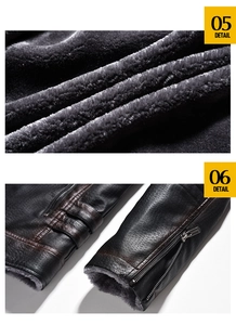 Detail of premium brown PU leather jacket with thick grey faux fur lining and metal zipper