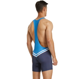 Combinaison de lutte pour homme avec blocs de couleurs bleues et rayures blanches en V