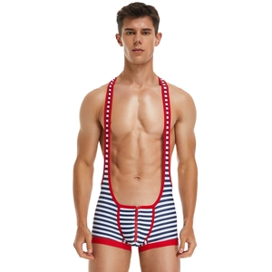 Men Striped Bodysuit Zipper Crotch Wrestling Singlet Sporty Sleeveless Contrast Piping Jumpsuit For Gym Swimming Athletics Wear