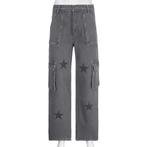 Pantalon Cargo en Jean Gris Rétro Imprimé Étoiles Y2K Streetwear Jeans Larges Avec Plusieurs Poches pour Femmes