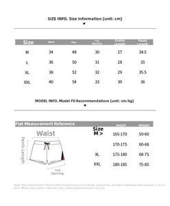 Detailed size chart for men's athletic shorts with measurements from M to XXL sizes