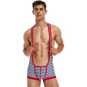 Detail of navy and white striped men's wrestling singlet with red zipper and trim