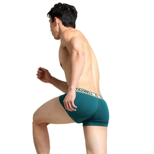 Men's dark green low-rise boxer briefs featuring a wide elastic logo waistband
