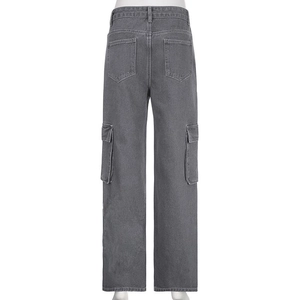 Jeans cargo rétro pour femmes avec imprimé étoiles et plusieurs poches en gris foncé