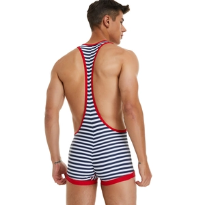Rear view of men striped bodysuit featuring blue white patterns and red piping detail