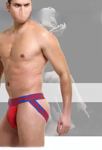 Detailed macro view of red mesh fabric and wide blue elastic waistband on men thong