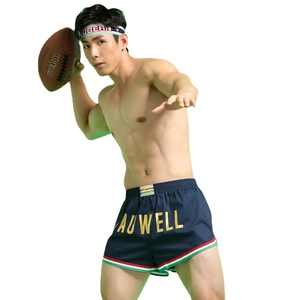 Men's navy athletic shorts with gold lettering and colorful striped trim for sports