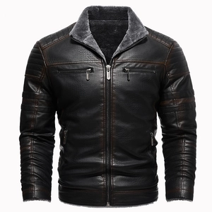 Men's retro stand collar PU leather jacket with quilted details and fleece lining