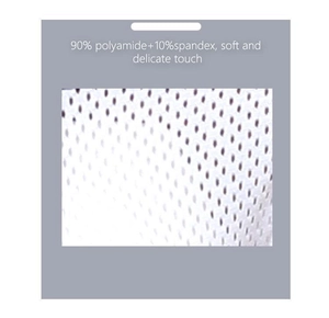 Detail of white mesh fabric showing 90% polyamide and 10% spandex breathable texture