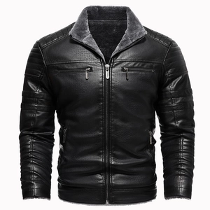 Men's thickened black PU leather biker jacket with retro stand collar and fleece lining