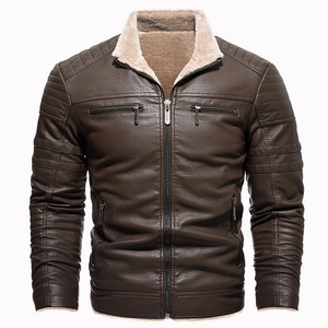 Men's dark brown faux leather jacket with fleece collar and quilted shoulder details