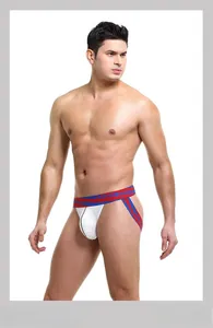 Close-up of men's breathable white mesh jockstrap with blue and red elastic waistband