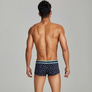 Detail of blue boxer briefs with snowflake print and green striped waistband from behind